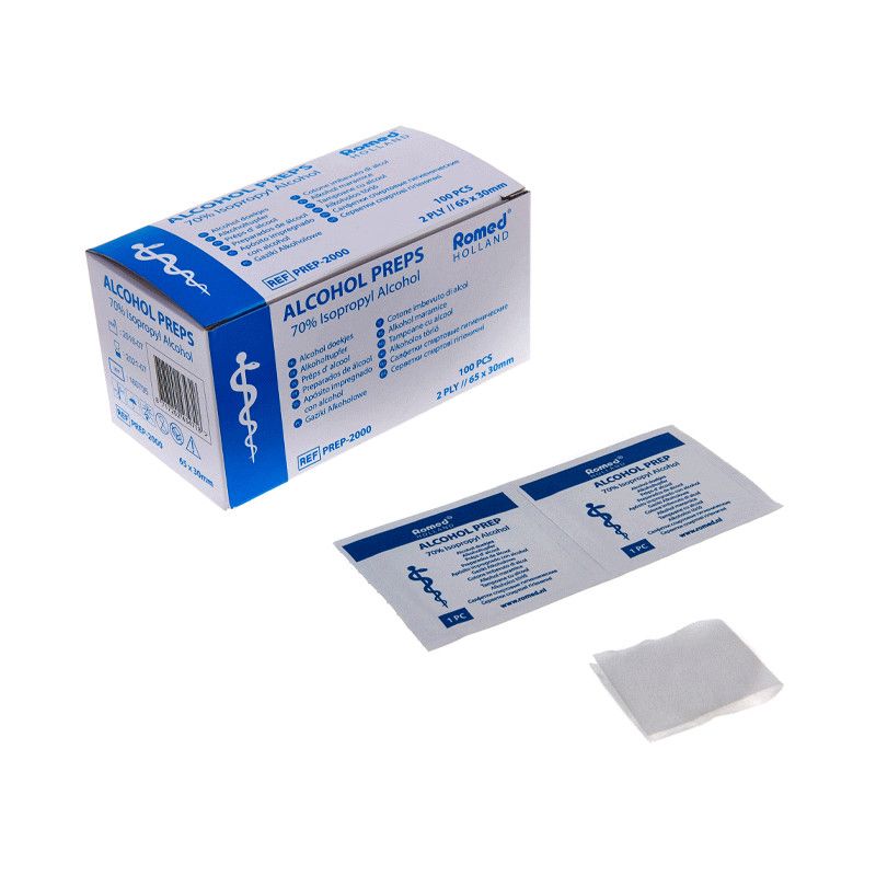 Romed alcohol preps, 65 x 30mm 2ply, pack of 100 wipes